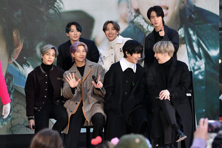 Jimin, Jungkook, RM, J-Hope, V, Jin, and SUGA of the K-pop boy band BTS at Rockefeller Plaza on February 21, 2020 in New York City. 