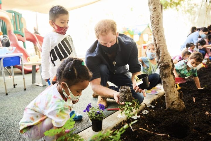 In addition to gardening, the Duke and Duchess of Sussex read aloud a few books, including "Jack and the Beanstalk."