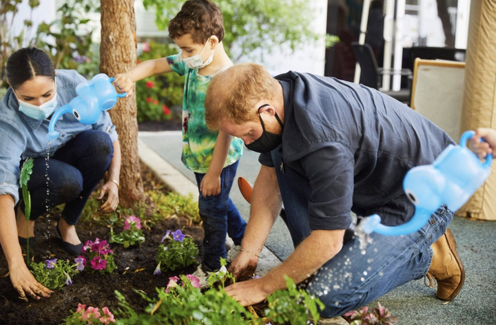 Planting in the garden with Meghan Markle and Prince Harry, the kids were very excited to use their new elephant watering cans.