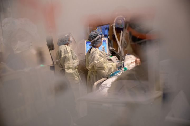 Nurses tend to a COVID-19 patient in a Stamford Hospital intensive care unit in Stamford, Connecticut, back in April.