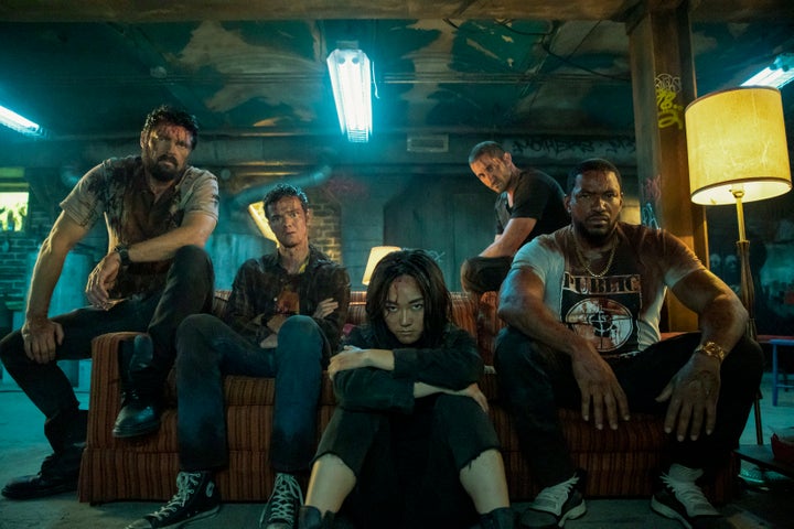 Billy Butcher (Karl Urban), Hughie (Jack Quaid), Frenchie (Tomer Kapon), Mother’s Milk (Laz Alonso) and Kimiko (Karen Fukuhara) of "The Boys." 