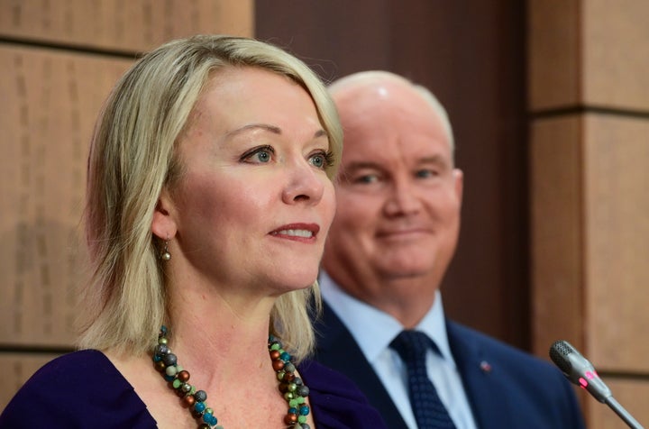 Conservative Leader Erin O'Toole holds a press conference to introduce his Deputy Leader Candice Bergen on Parliament Hill in Ottawa on Sept. 2, 2020.