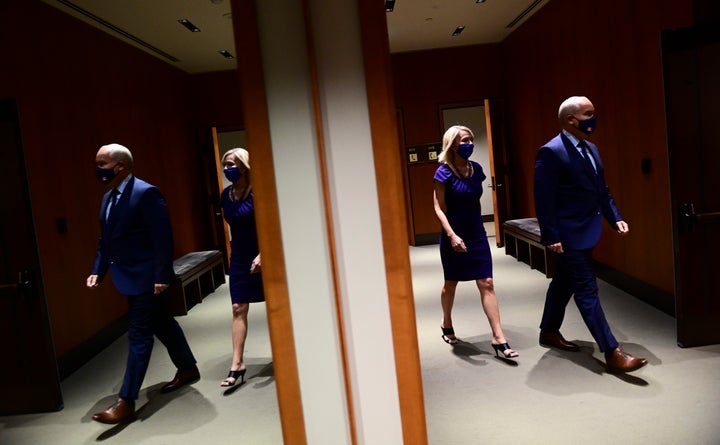 Conservative Leader Erin O'Toole arrives with Conservative MP Candice Bergen to announce her as his deputy leader during a press conference on Parliament Hill in Ottawa on Sept. 2, 2020.