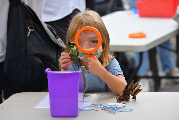 A student participates in an outdoor learning demonstration for New York City schools on September 2, 2020.