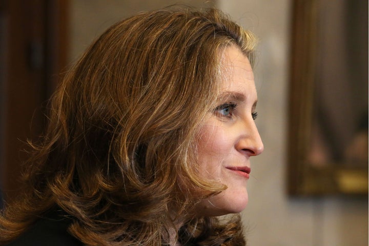 Canada's Deputy Prime Minister and Finance Minister Chrystia Freeland speaks during a news conference on Parliament Hill on Aug. 18, 2020 in Ottawa.