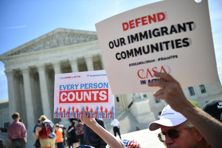 Demonstrators rally at the U.S. Supreme Court in April 2019 to protest a proposal to add a citizenship question to the 2020 census.