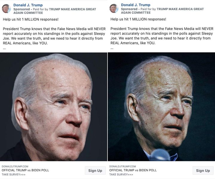 An original photo of Joe Biden in one Trump campaign Facebook ad, left, and a manipulated image, right.