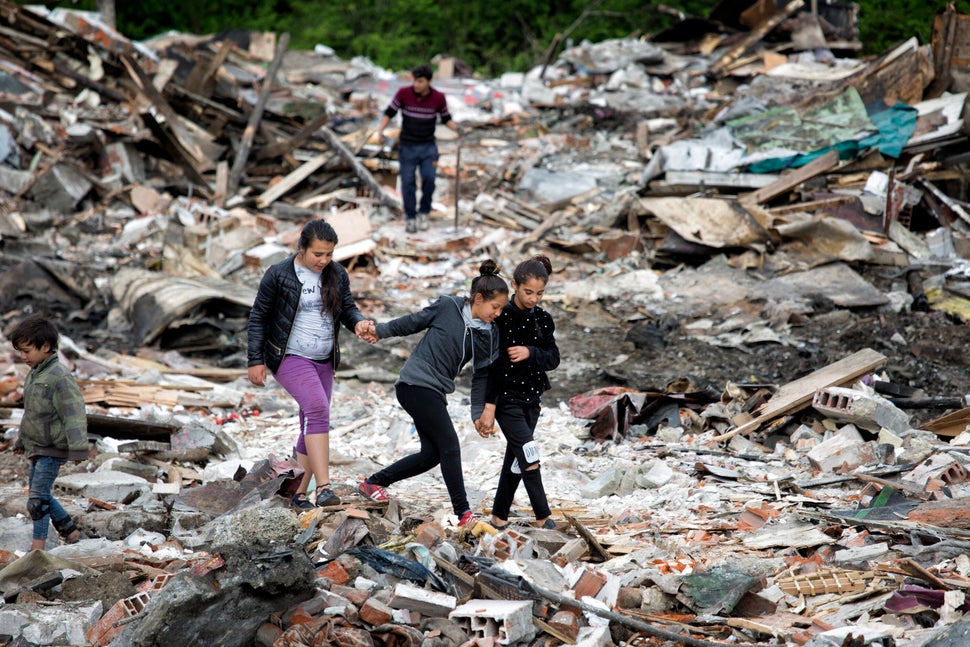 “Before we die from the coronavirus, we will starve to death,” explained Yulian Metodiev, a Roma community leader. Fakulteta, the largest Roma settlement in Sofia, was quarantined in April 2020 after more than 2 dozen people tested positive for COVID-19. For those whose houses were slated for demolition, quarantine provided a brief respite. By July, however, more homes were bulldozed and families were left searching for shelter. Above: April 20, 2018 | Below: July 29, 2020