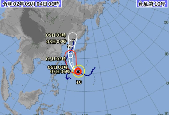 9月4日午前6時の台風の予想進路図（気象庁）