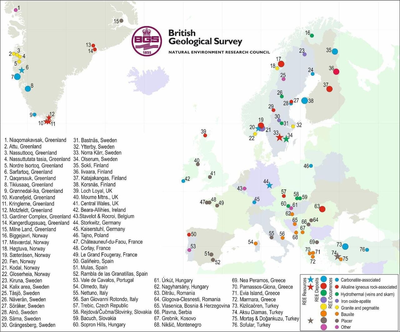 Εικ. 5: Αποθέματα, κοιτάσματα και εμφανίσεις σπανίων γαιών στην Ευρώπη. Πηγή: http://www.eurare.eu/ και ευγενική παραχώρηση από το British Geological Survey.