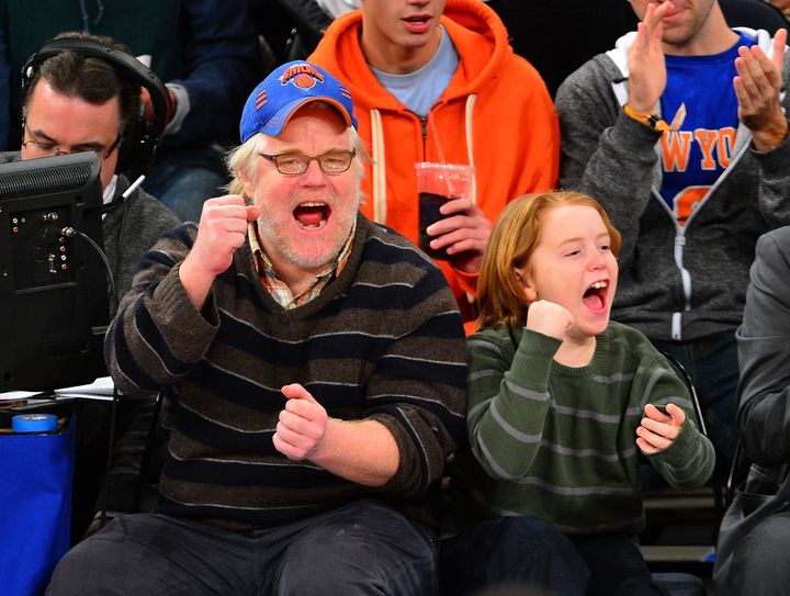 Philip Seymour Hoffman and Cooper Hoffman attend a Knicks game in January 2013.