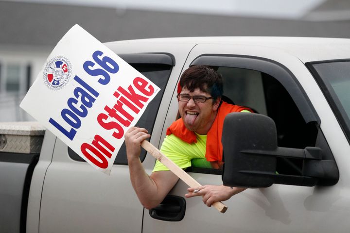 Eric Lovering, a shipbuilder, on strike outside Bath Iron Works in Bath, Maine, this June. It was the first strike by Machinists Union Local S6 in two decades.