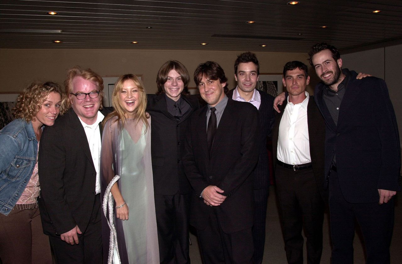 Frances McDormand, Philip Seymour Hoffman, Kate Hudson, Patrick Fugit, Cameron Crowe, Jimmy Fallon, Billy Crudup and Jason Lee at a party celebrating "Almost Famous" in 2000.