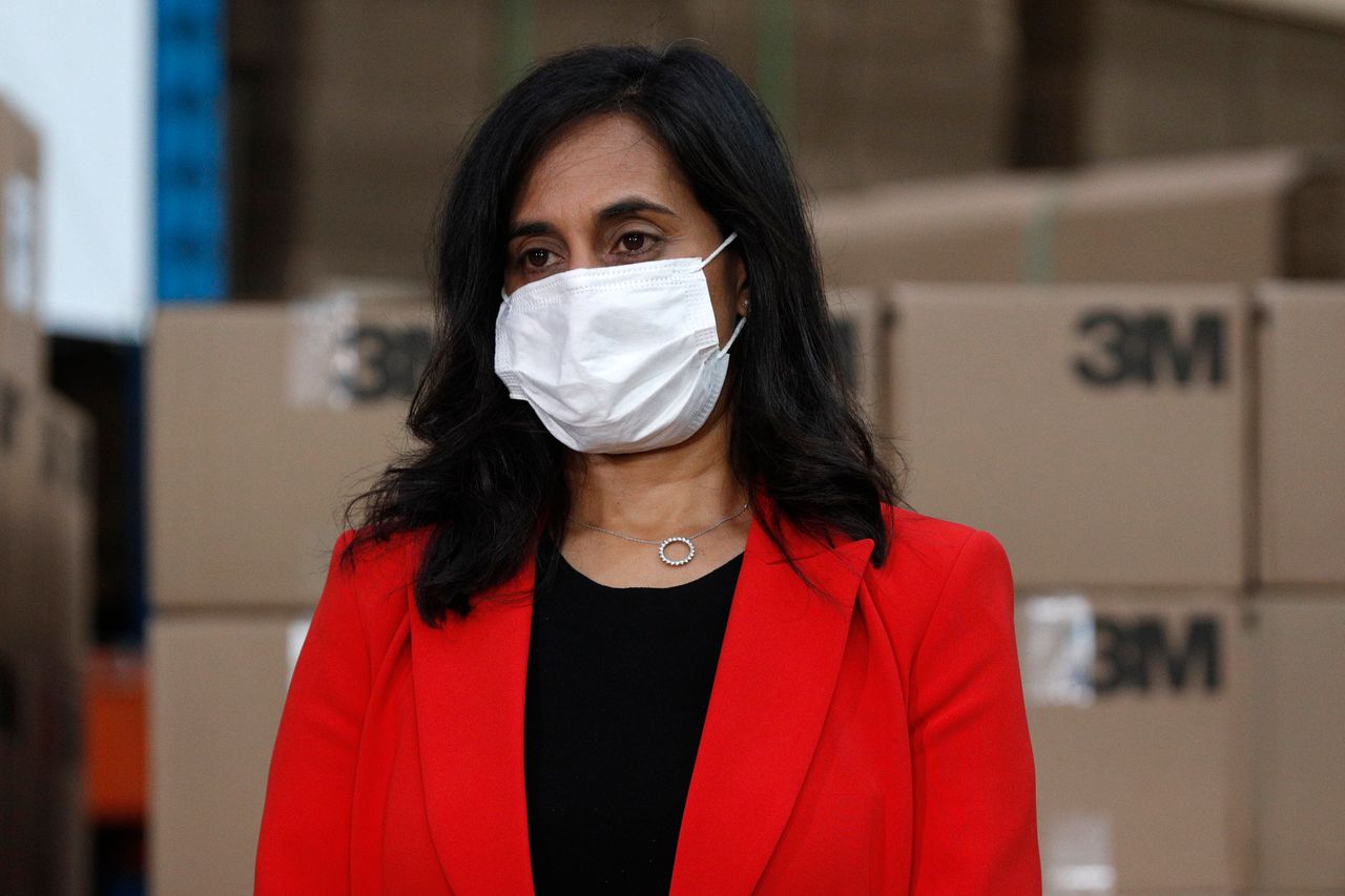 Public Services and Procurement Minister Anita Anand wears a mask during an announcement at the 3M plant in Brockville, Ont. on Friday, Aug 21, 2020. 
