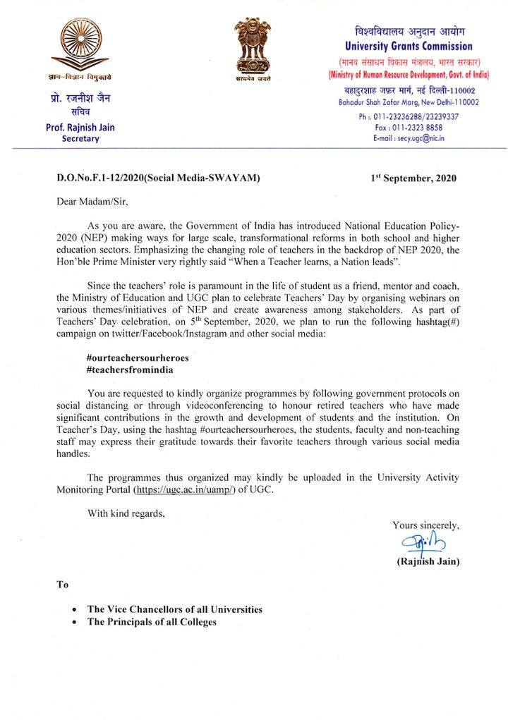 The letter from UGC secretary Rajnish Jain, dated September 1.