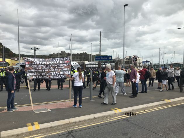 Anti-migrant protesters demonstrate in Dover against immigration and the journeys made by refugees crossing the Channel to Kent.