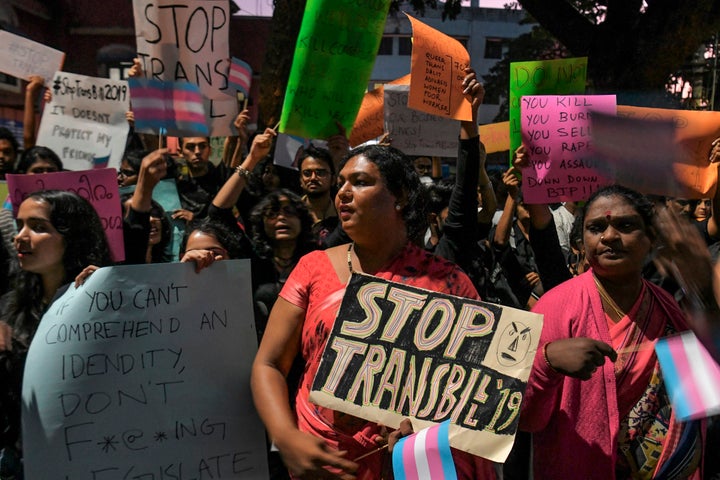 Supporters and transgender activists take part in a demonstration against the Transgender Persons (Protection of Rights) Bill 2019 tabled in the Parliament, in Bangalore on November 27, 2019.