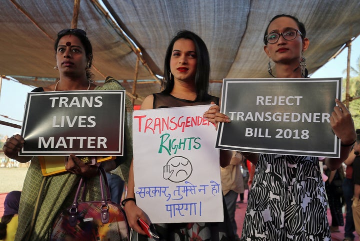 Demonstrators hold placards during a protest against the passing of the Transgender Persons (Protection of Rights) Bill, 2018, in Mumbai, December 26, 2018. R