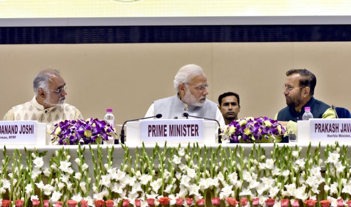 Prime Minister Narendra Modi, Union HRD Minister Prakash Javadekar at Vigyan Bhavan on September 29, 2018 in New Delhi.