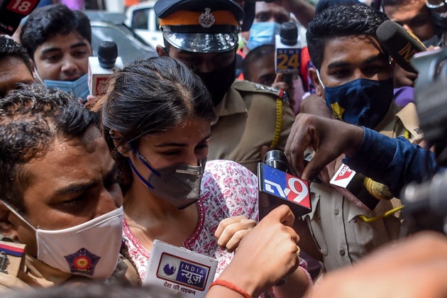 Bollywood actress Rhea Chakraborty arrives at the Narcotics Control Bureau (NCB) office for enquiry regarding...