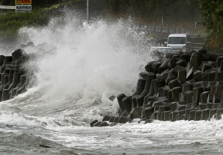 High waves triggered by Typhoon Haishen crash against the coast in Kagoshima in southwestern Japan September 6, 2020, in this photo taken by Kyodo. (Credit Kyodo/via REUTERS) 