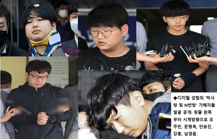 '박사방 및 N번방' 가해자들: 윗줄 왼쪽부터 시계방향으로 조주빈, 문형욱, 안승진, 강훈, 남경읍.
