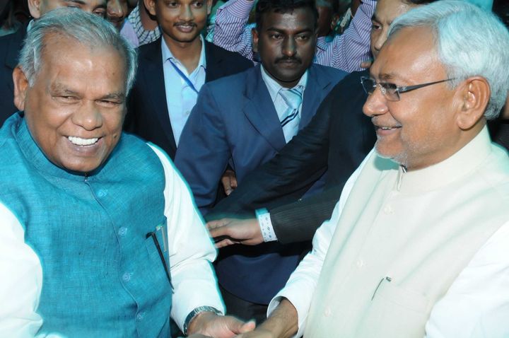 Former Bihar CM Jitan Ram Manjhi with Bihar CM Nitish Kumar on February 22, 2015 in Patna.