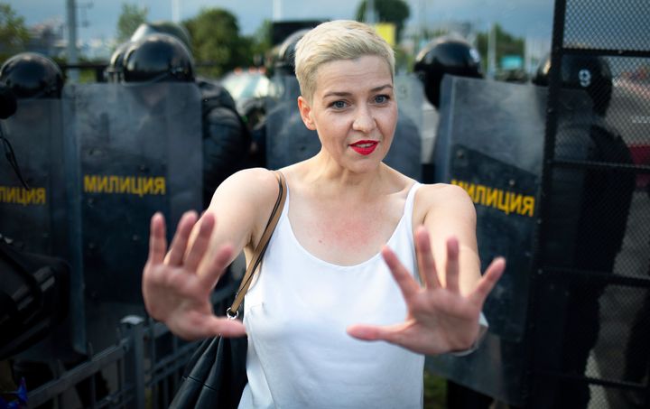Maria Kolesnikova, one of Belarus' opposition leaders, center, gestures during a rally in Minsk, Belarus, on Aug. 30, 2020.