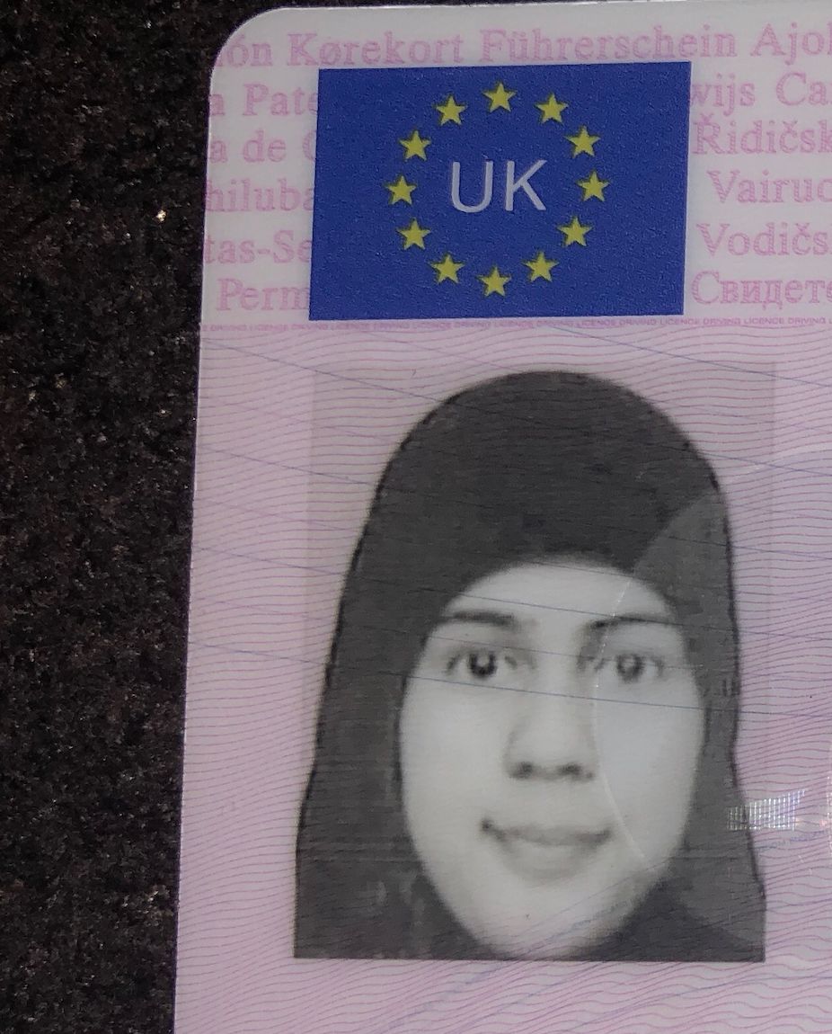 Ramsha Hanif's driving licence photograph