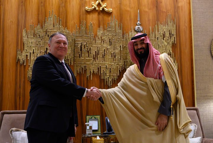 U.S. Secretary of State Mike Pompeo, left, shakes hands with Saudi Arabia's Crown Prince Mohammed bin Salman at Irqah Palace, in the capital Riyadh Saudi Arabia, Thursday, February 20, 2020. (Andrew Caballero-Reynolds/Pool via AP)
