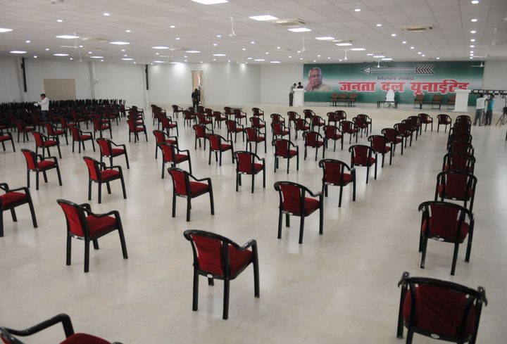 A view of a new hall being built for the first virtual rally by Janta Dal United (JDU) which will be inaugurated and addressed by BJP National President J P Nadda and Bihar Chief Minister Nitish Kumar on Monday, on September 6, 2020 in Patna,