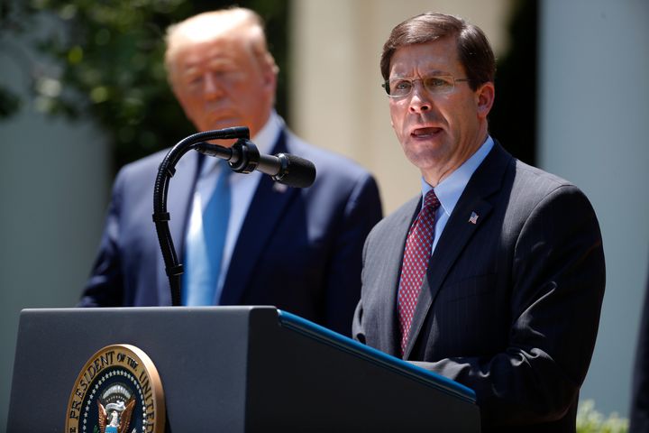 Defense Secretary Mark Esper speaking during a May 15 press briefing about the coronavirus. President Donald Trump announced on Twitter this week that he had "terminated" Esper. 