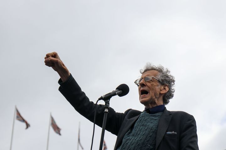 Piers Corbyn addresses an anti-mask protest at Trafalger Square in August.