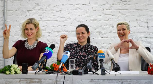 Veronica Cekalo, Svetlana Tihanovskaya and Maria Colesnikova (from left), who launched a joint campaign to challenge President Alexandre Lukaschenko, who has been in power for 26 years before this year's presidential elections, held a press conference. ..