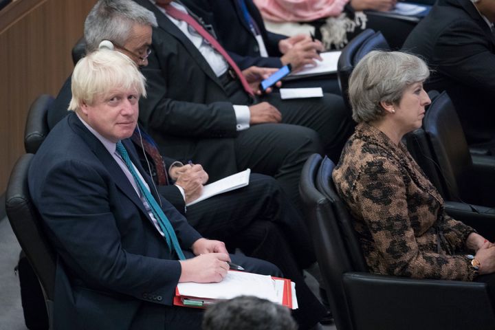 Then-PM Theresa May and her foreign secretary Boris Johnson attend a high level meeting at United Nations headquarters in 2017.