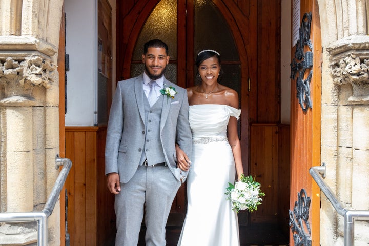 "In this photo, we've just walked out of my local church after our wedding ceremony on August 5 2020. We originally planned a ceremony with 200 guests, but the venue closed down completely due to the detrimental effects of the pandemic. In that exact moment in the photo, I felt so much happiness as well as a huge amount of gratitude because despite all odds, in the midst of a global pandemic, we were able to get married. Such a grateful moment." – La Braya Richmond, 26, London.<i></i><i></i>