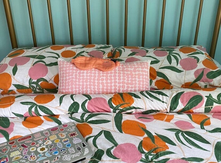 All’s well with Allswell: It’s the best mattress I’ve ever had. I paired it with peach printed sheets, a matching duvet set and a silk sleeping mask for a good night's sleep.