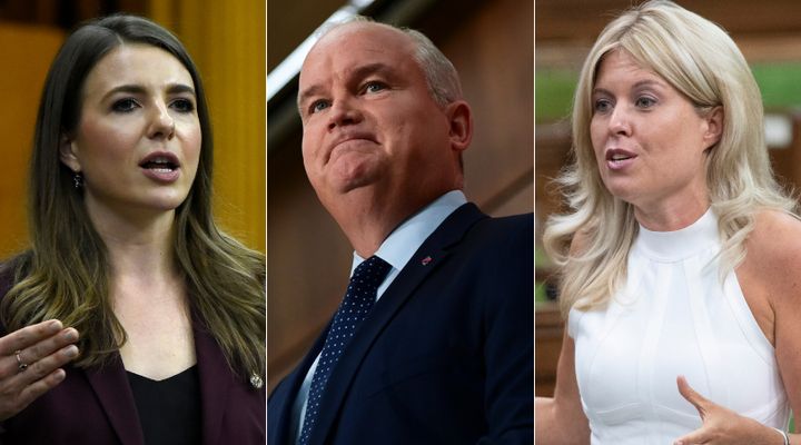 Conservative MP Raquel Dancho, party leader Erin O'Toole, and Tory MP Michelle Rempel Garner are shown in a composite of images from The Canadian Press.