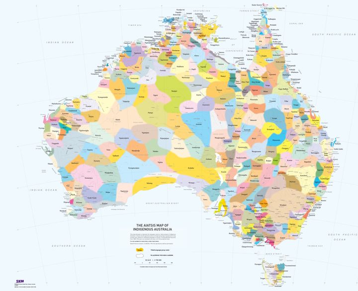 This map attempts to represent the language, social or nation groups of Aboriginal Australia. It shows only the general locations of larger groupings of people which may include clans, dialects or individual languages in a group. It used published resources from 1988-1994 and is not intended to be exact, nor the boundaries fixed. It is not suitable for native title or other land claims. David R Horton (creator), © AIATSIS, 1996. No reproduction without permission. To purchase a print version visit: https://shop.aiatsis.gov.au/