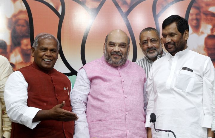 Union Home Minister Amit Shah with HAM (S) Chief Jitan Ram Manjhi and LJP leader Ram Vilas Paswan 