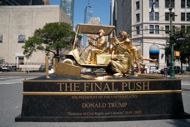 The Trump Statue Initiative put on this performance art piece that criticized the president's handling of the coronavirus pandemic as well as his insults of America's war dead.