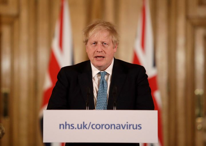 Prime Minister Boris Johnson gives a press conference inside 10 Downing Street in London. 