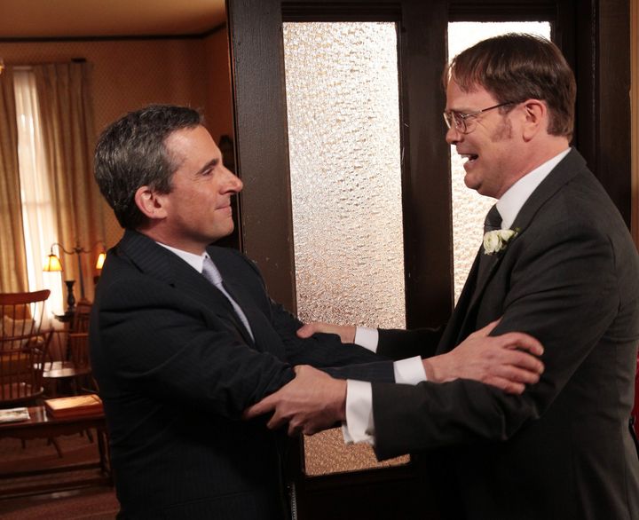 Michael Scott (Carell) surprises his buddy Dwight Schrute (Rainn Wilson) on&nbsp;"The Office" finale.
