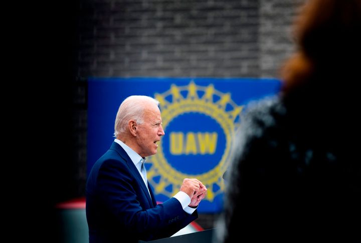 Democratic presidential candidate Joe Biden speaks at the United Auto Workers headquarters in Warren, Michigan, on Wednesday.