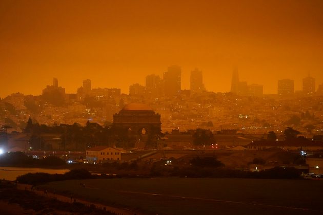 The skyline in the distance behind Crissy Field is barely visible with smoke from wildfires late Wednesday morning.