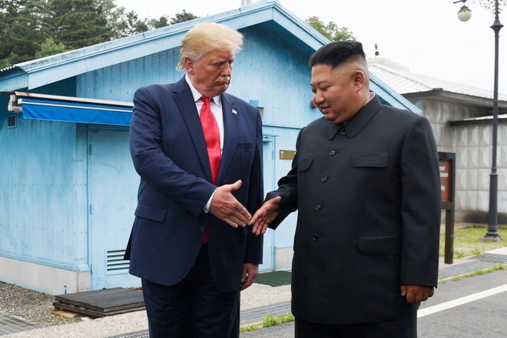 Trump meets with North Korean leader Kim Jong Un at the border village of Panmunjom in the Demilitarized Zone, South Korea, on June 3, 2019.