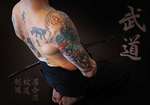 Tattooed naked samurai's revenge. Brave samurai and his katana sword in the japan