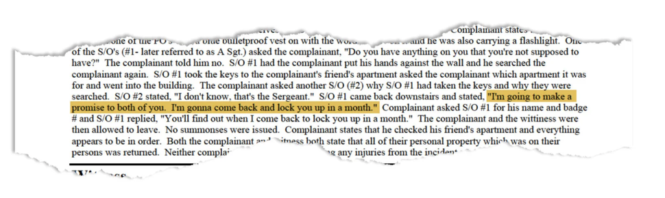 A summary of Maurice Phillips and Carlos Ortiz’s CCRB complaint. (Highlight added by ProPublica.)