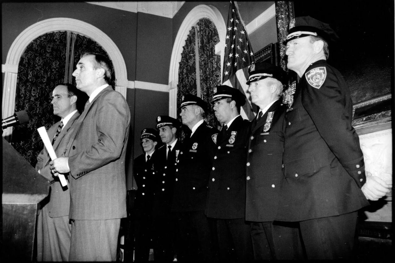 Commissioner William Bratton and Mayor Rudy Giuliani announce high-level promotions at a City Hall press conference on Jan. 9, 1995. (Tamara Beckwith/New York Post Archives /(c) NYP Holdings, Inc. via Getty Images)