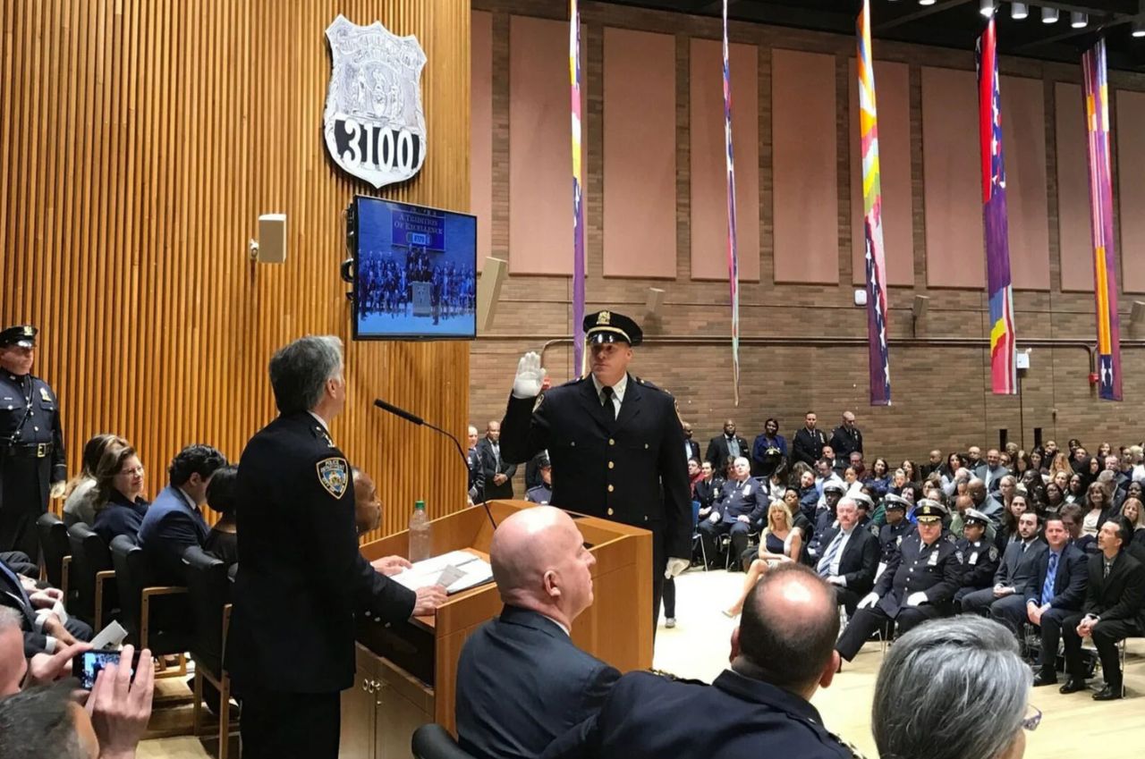 Christopher McCormack is sworn in as a deputy chief during a 2017 ceremony at Police Headquarters. (NYPD)